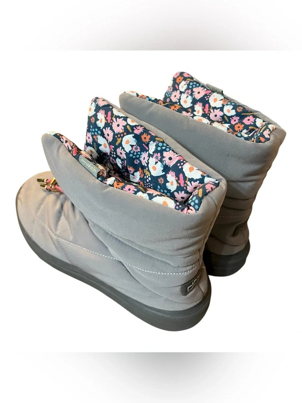 Hey Dude Gray Winter Rain Boots with Floral Lining and Pink Accents